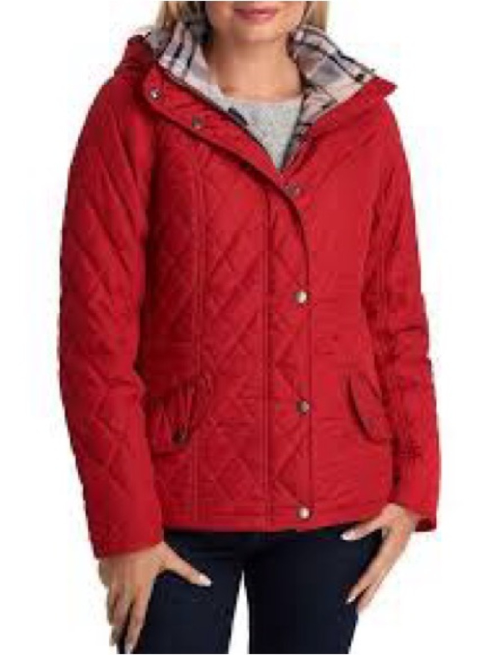 Barbour Red Quilted Hooded Puffer with Plaid Lining